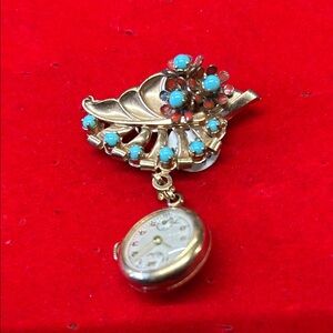 Gold Leaf Brooch with Turquoise Accents and Watch